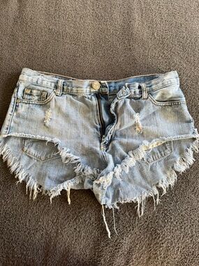 One Teaspoon Light Blue Distressed Frayed Denim Shorts